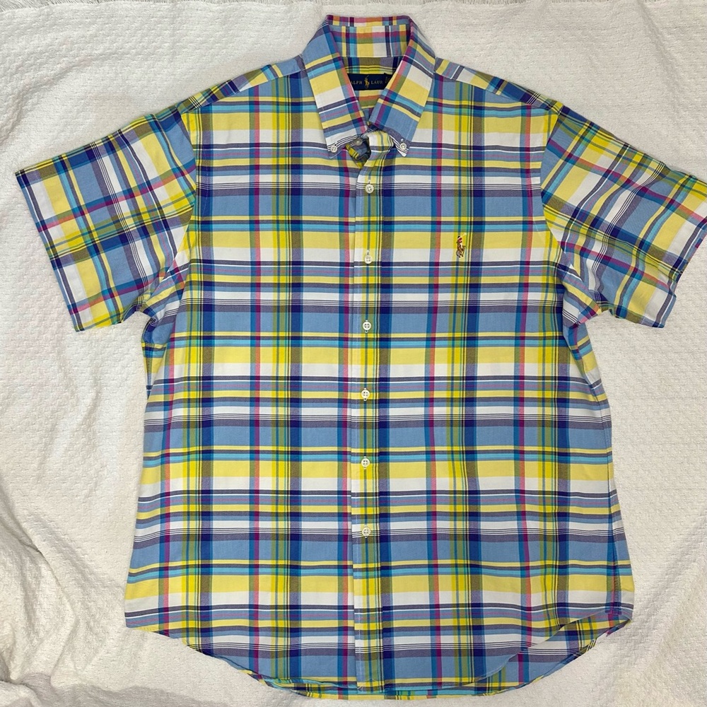 Ralph Lauren Men's Short Sleeve  Madras Plaid Button Down Shirt Vintage Polo